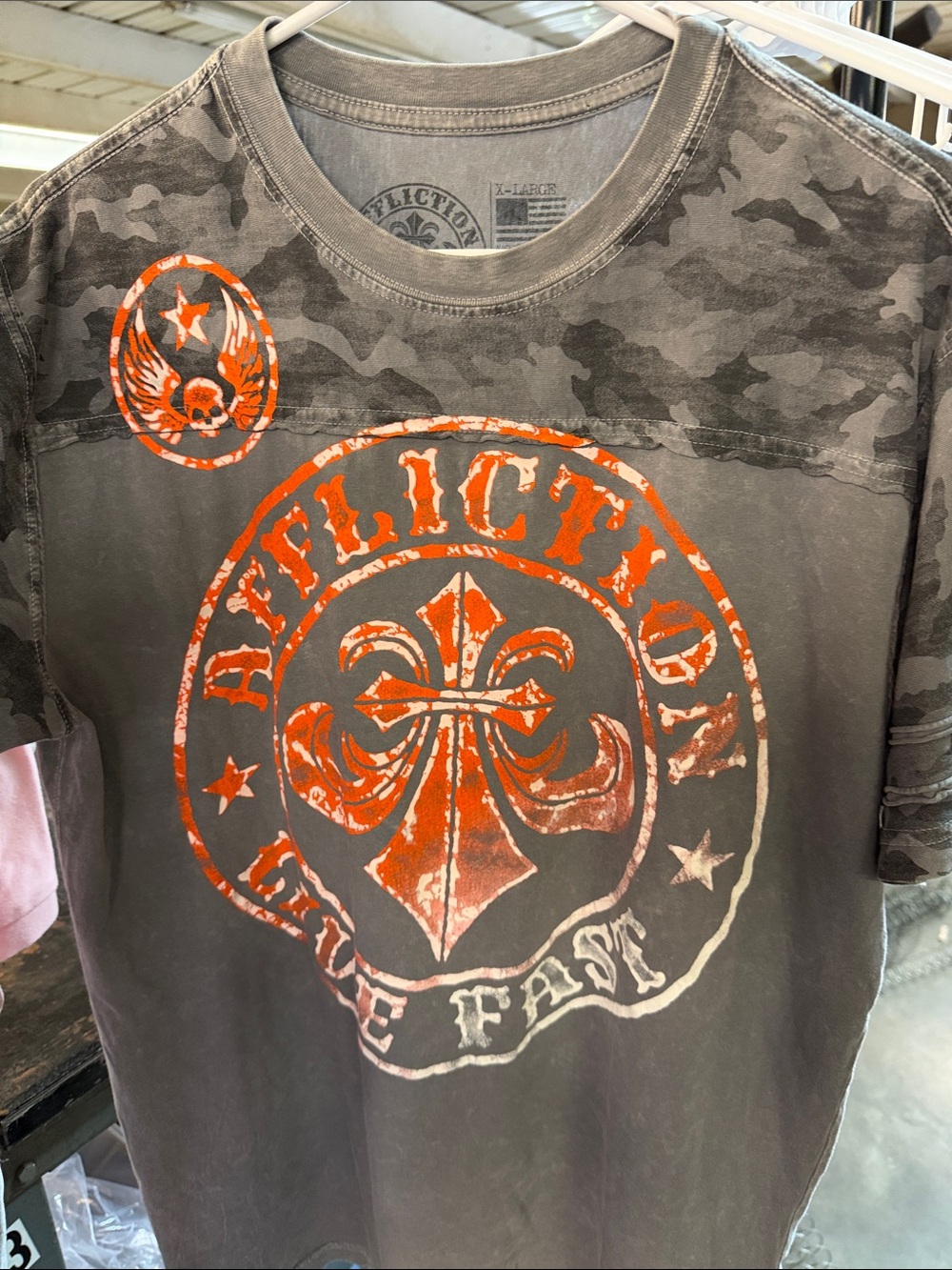 Affliction Gray Camo Tee with Orange Crest Logo